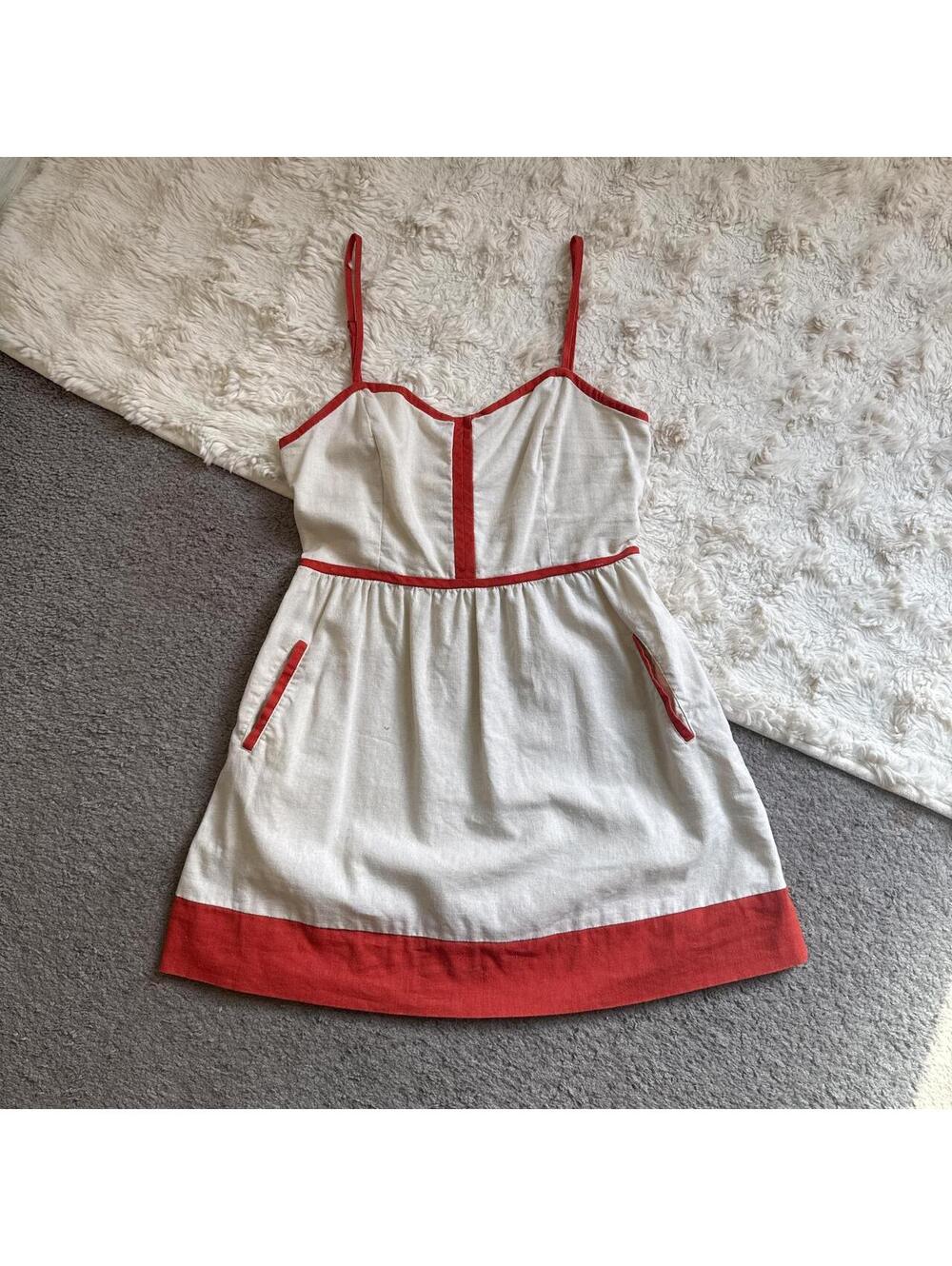 COPE Linen Blend babydoll dress Cream Red Trim Cutout Back Pockets M fits S